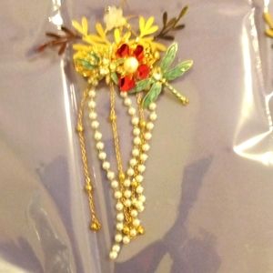 CHINESE HAIR PINS RED FLOWER DRAGONFLY BLUE GOLD